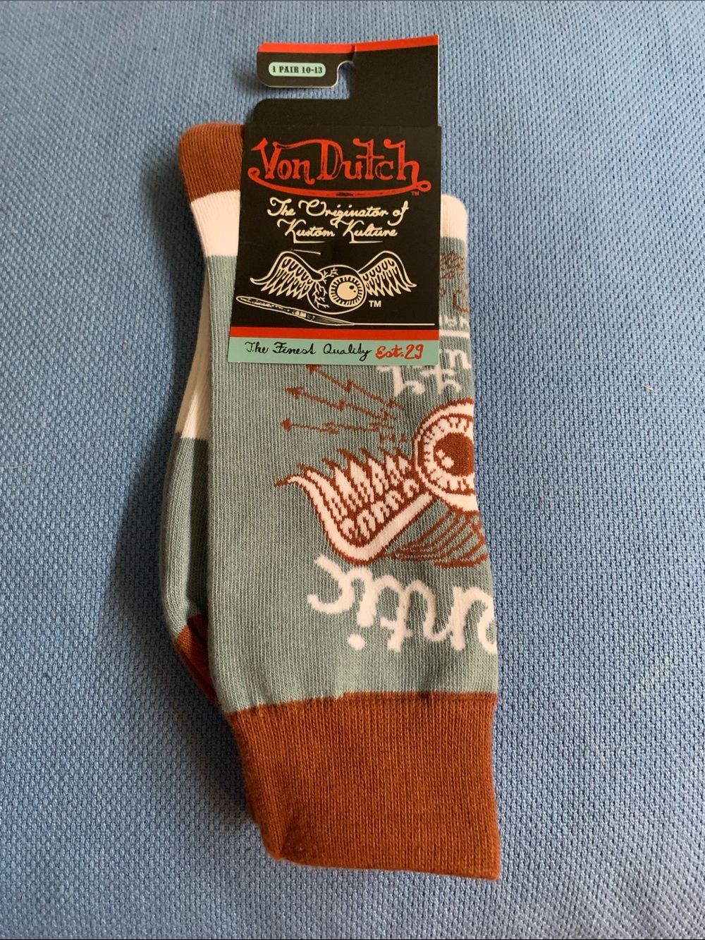 Von Dutch Crew Socks in Sage Green and Rust Accents